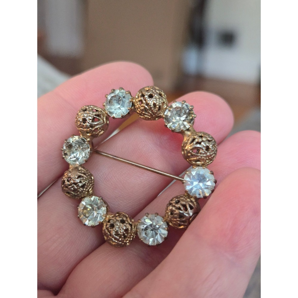 Circle Brooch Rhinestone Filagree Balls Vintage Unsigned